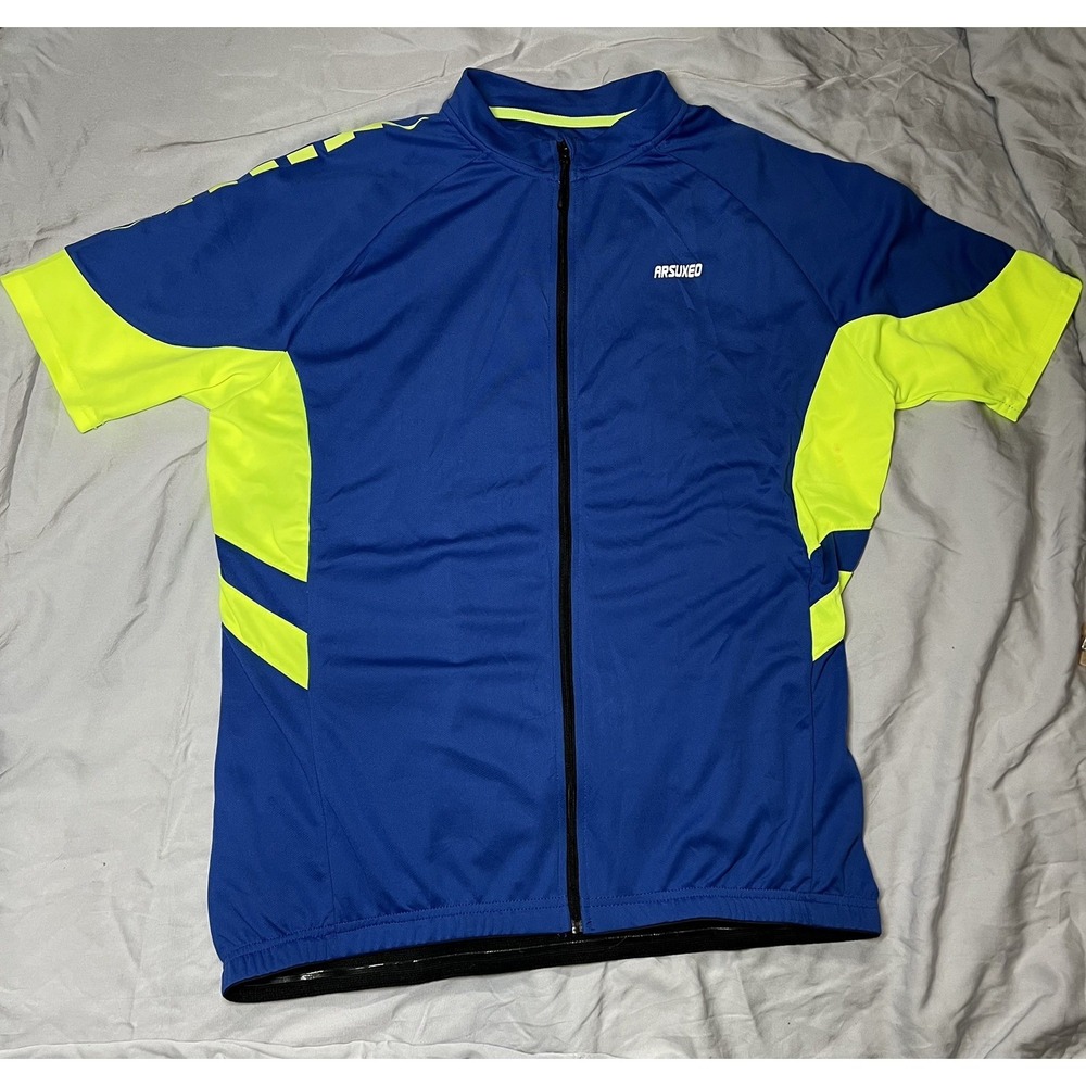 Arsuxeo Full Zip Cycling Jersey Men's XL Blue‎ / Yellow Bottle Holder Pouches